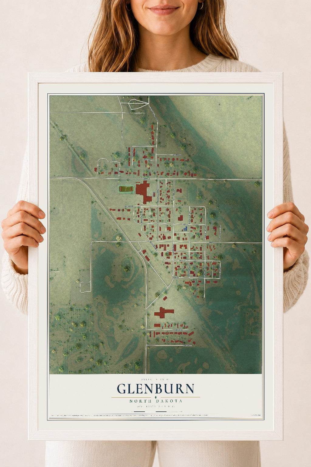 Map of Glenburn, North Dakota, 18 x 24 inch print in a white wood frame