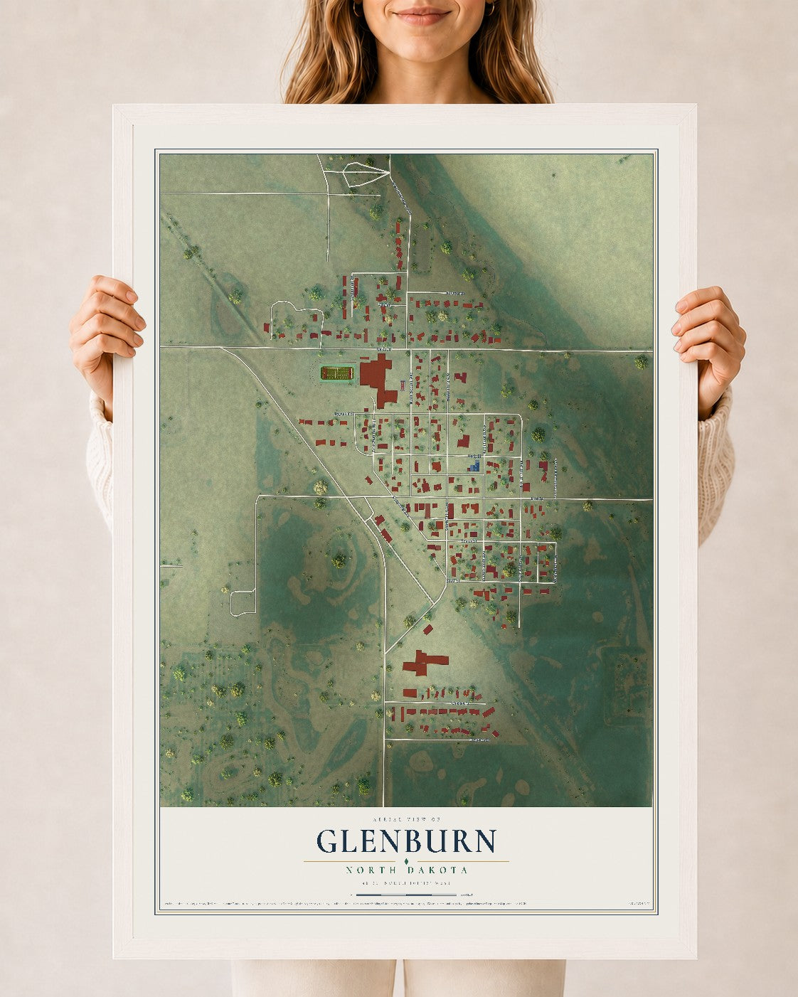 Map of Glenburn, North Dakota, 24 x 36 inch print in a white wood frame