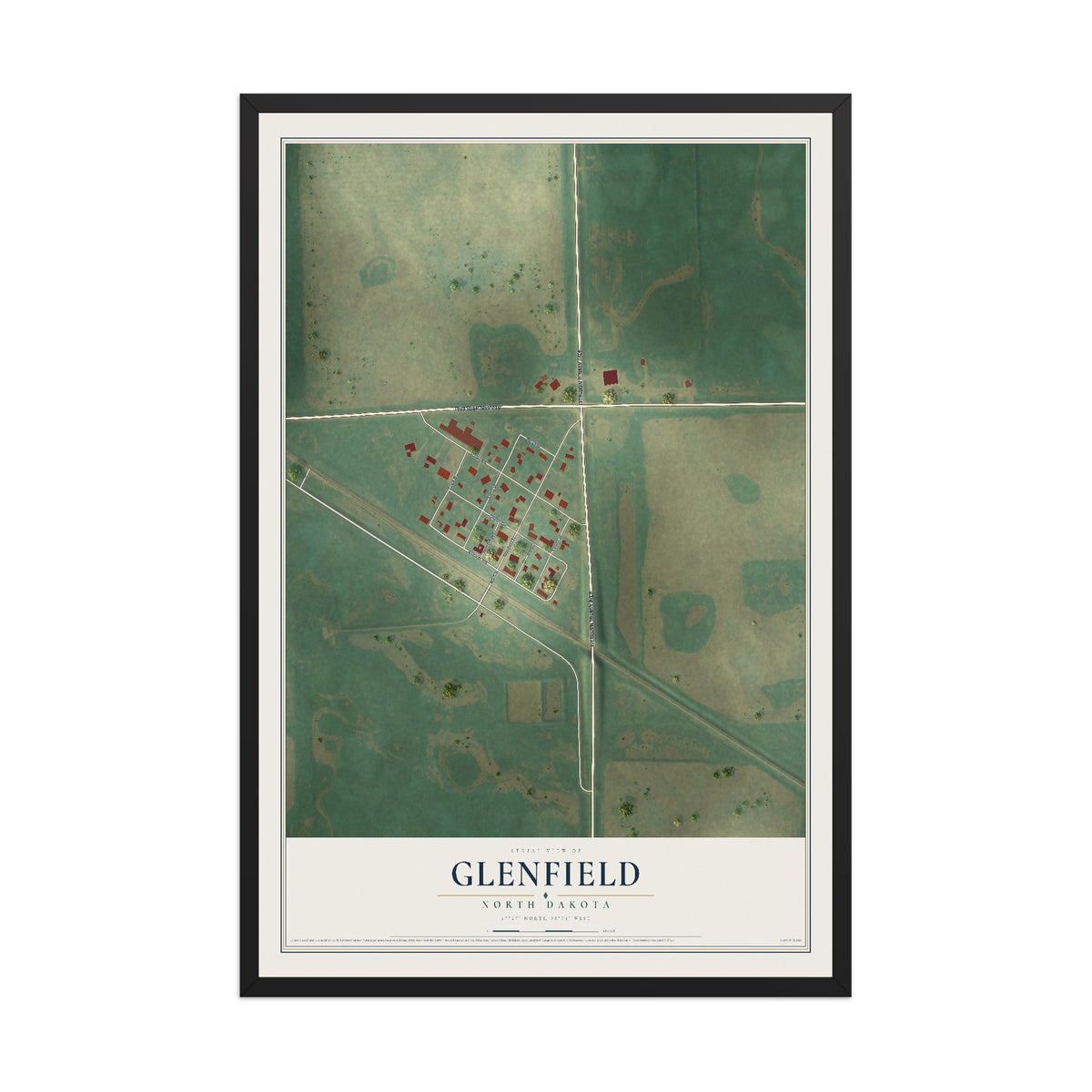 Map of Glenfield, North Dakota, 12 x 18 inch print in a black wood frame
