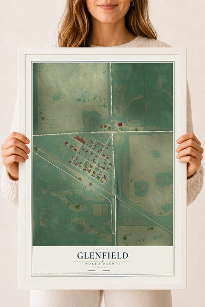 Map of Glenfield, North Dakota, 18 x 24 inch print in a white wood frame