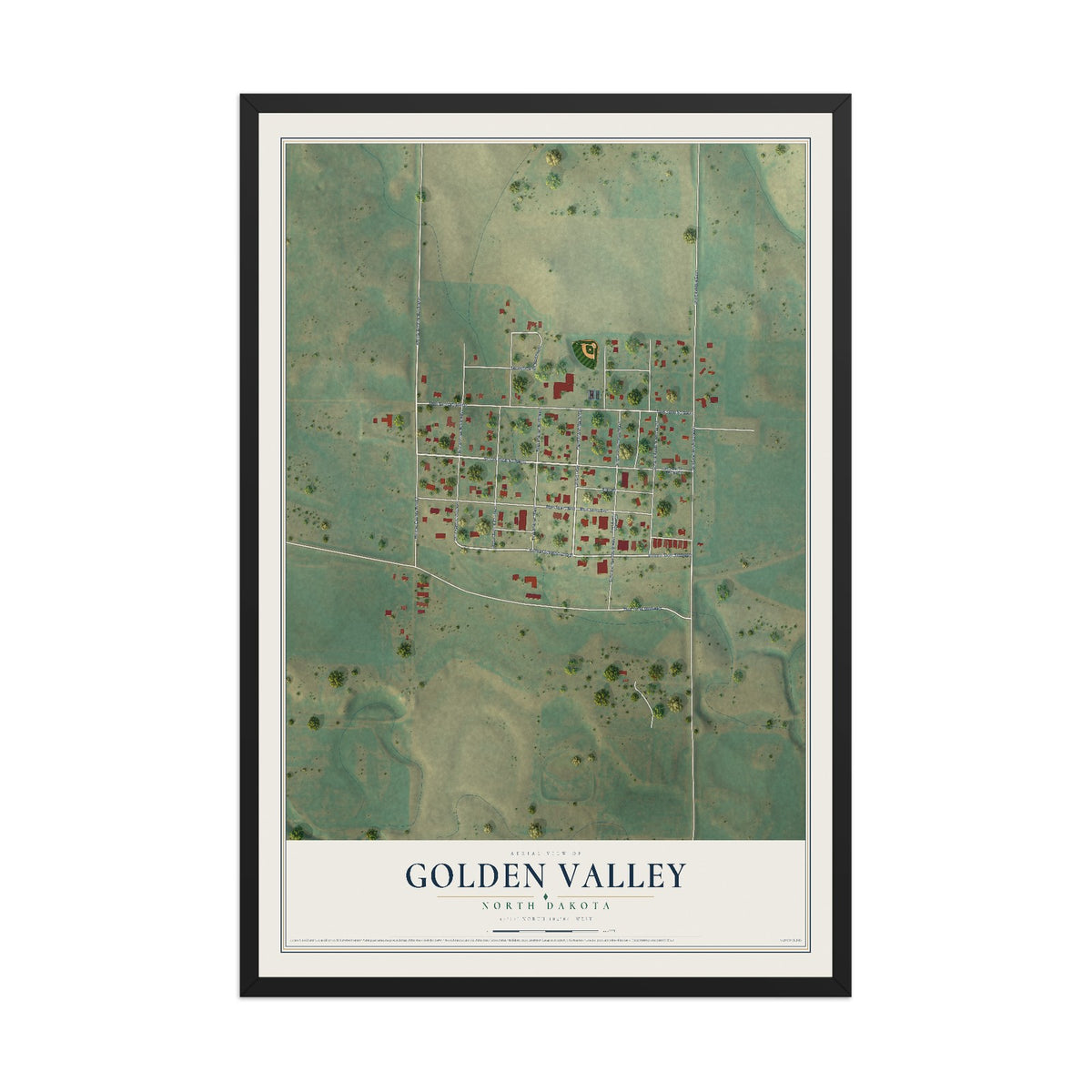 Map of Golden Valley, North Dakota, 12 x 18 inch print in a black wood frame
