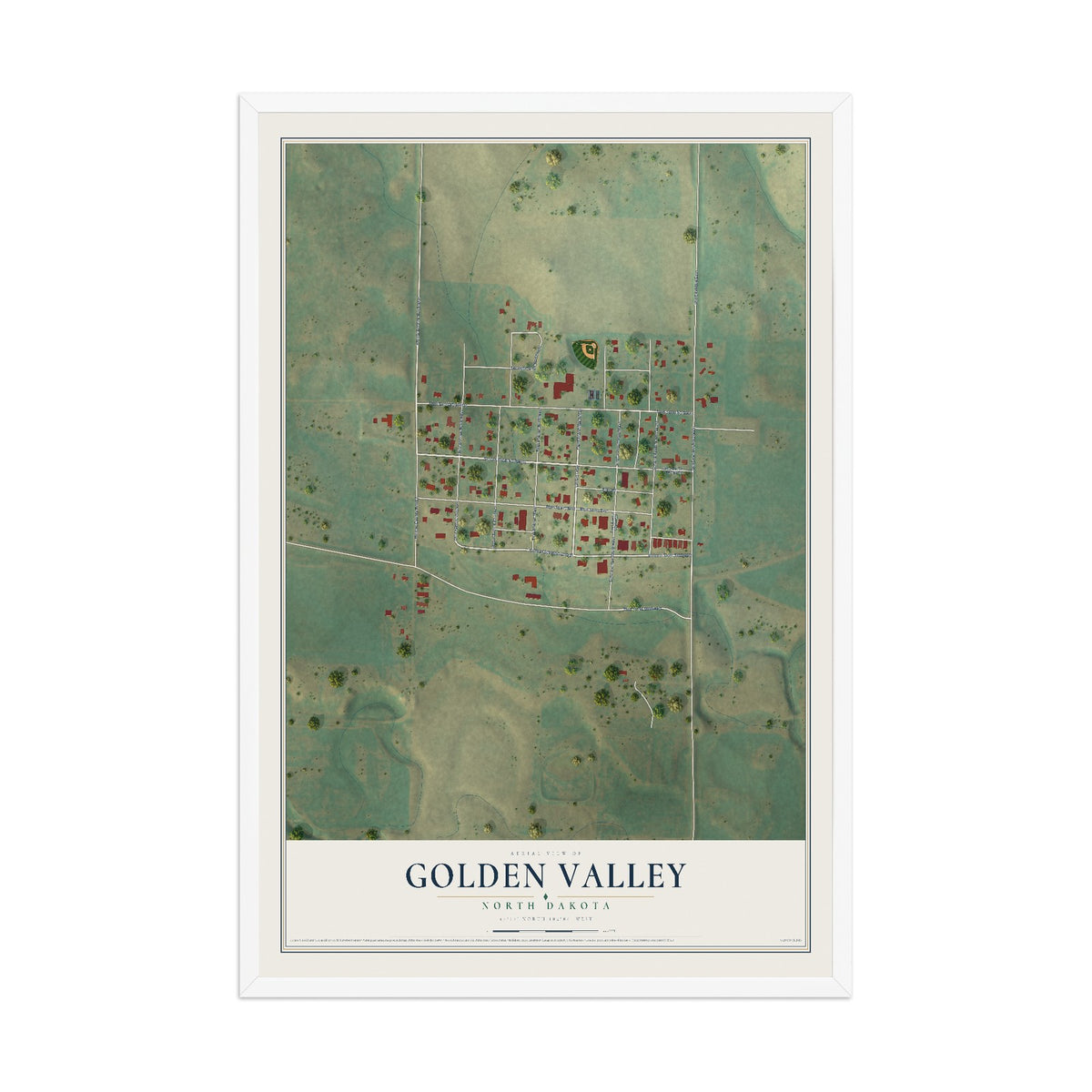Map of Golden Valley, North Dakota, 12 x 18 inch print in a white wood frame