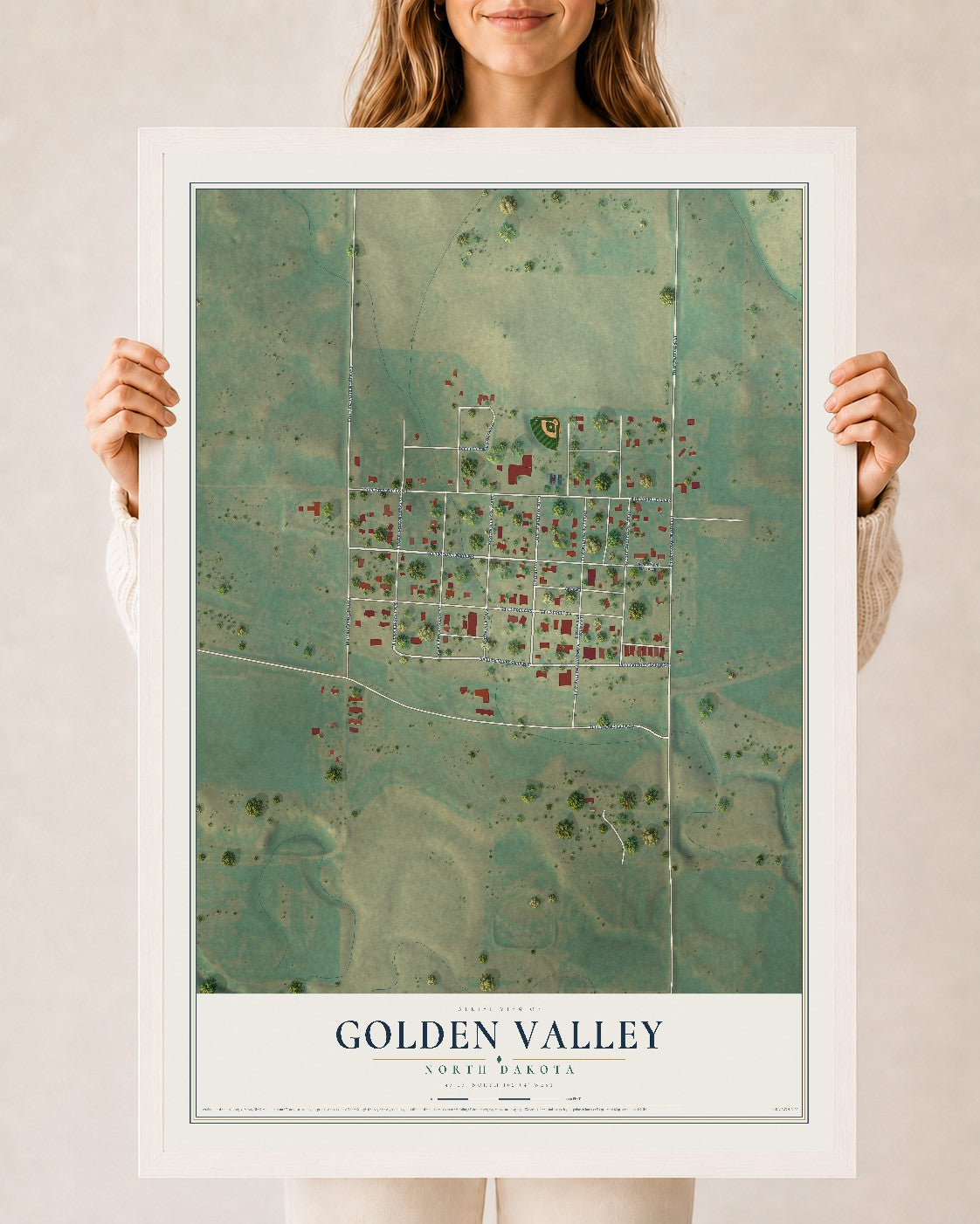 Map of Golden Valley, North Dakota, 24 x 36 inch print in a white wood frame