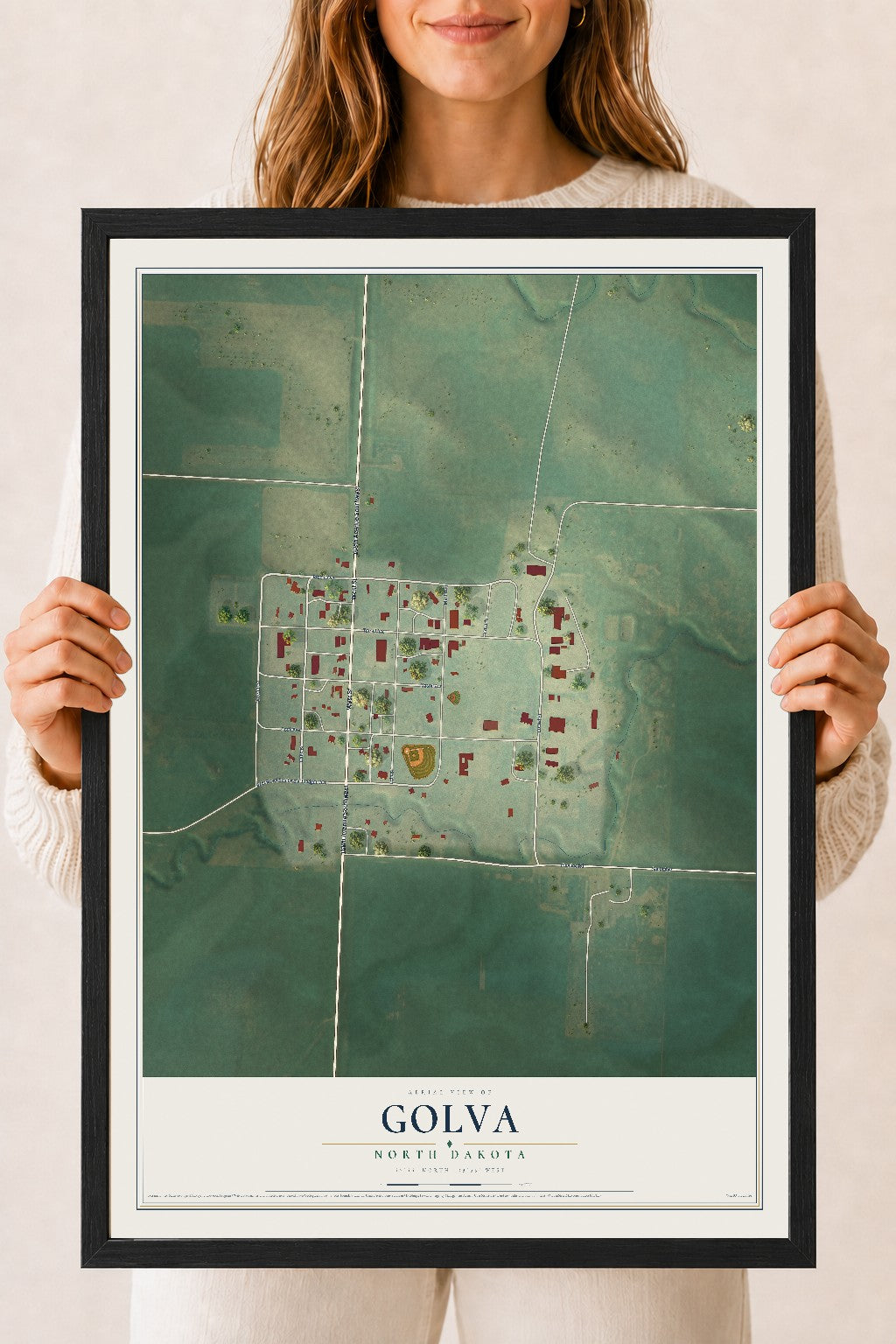 Map of Golva, North Dakota, 18 x 24 inch print in a black wood frame