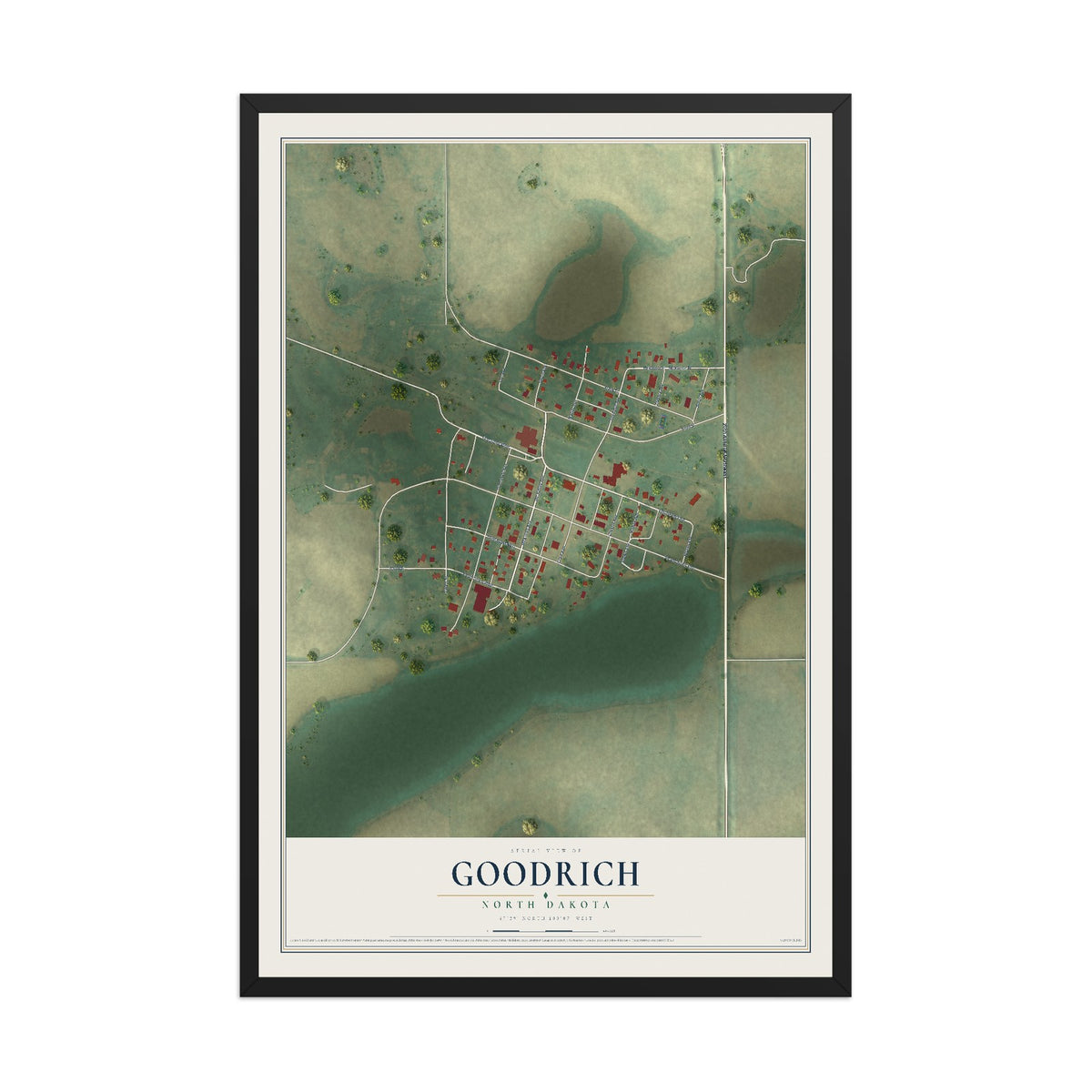 Map of Goodrich, North Dakota, 12 x 18 inch print in a black wood frame