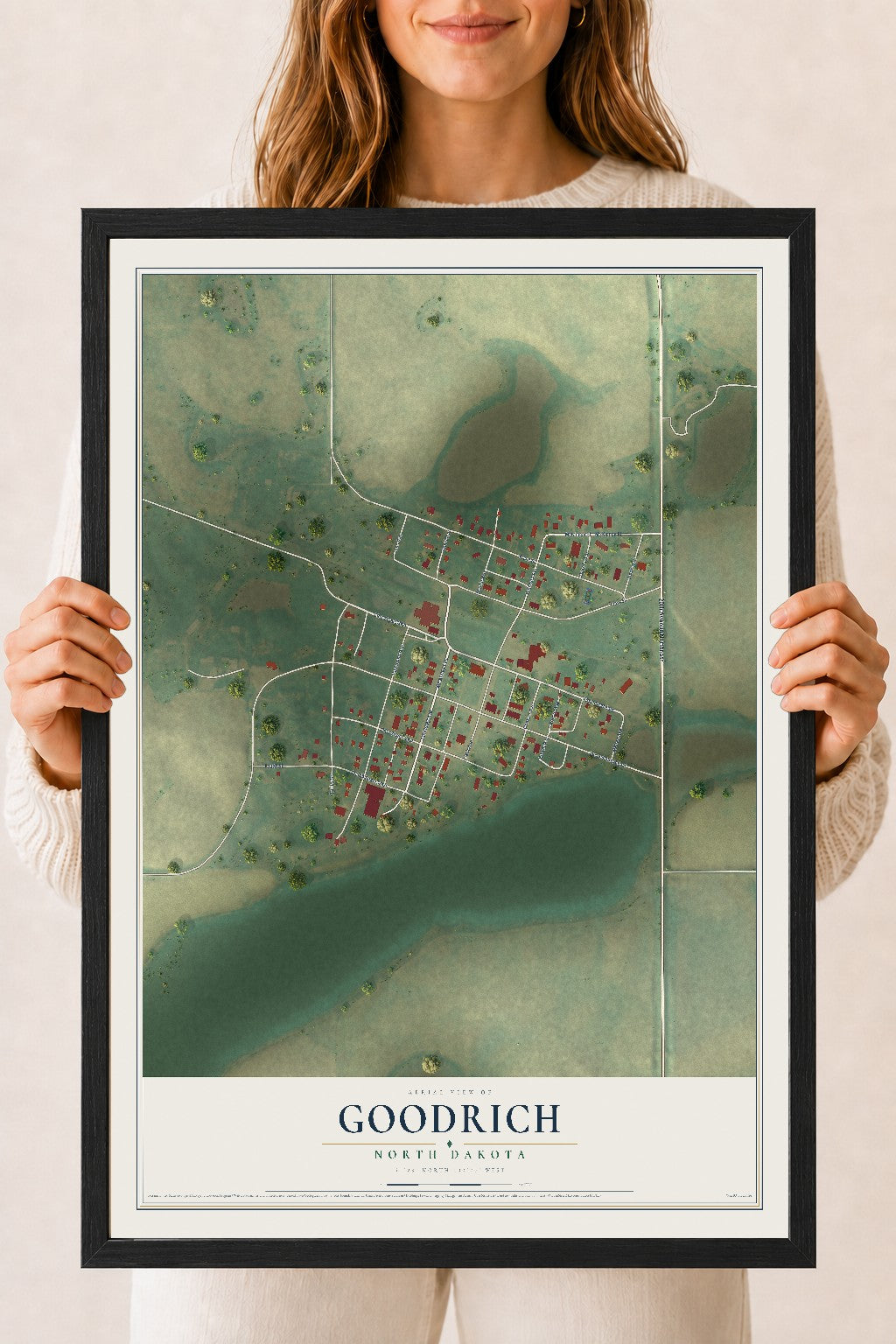 Map of Goodrich, North Dakota, 18 x 24 inch print in a black wood frame