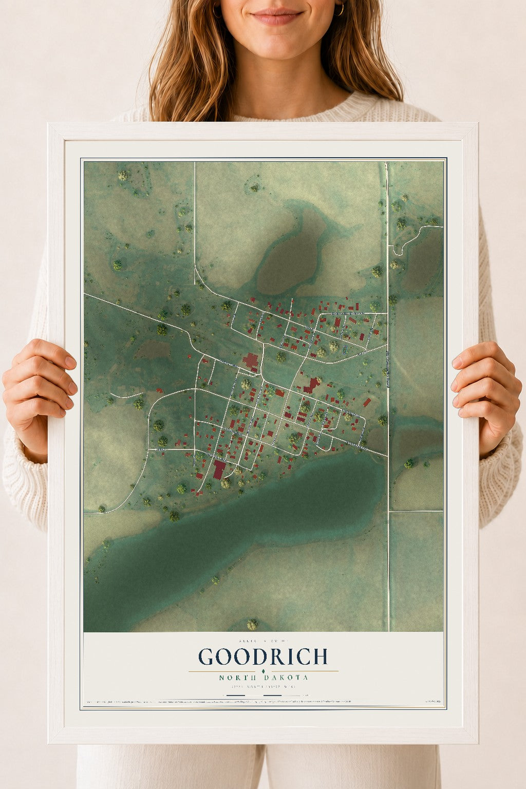 Map of Goodrich, North Dakota, 18 x 24 inch print in a white wood frame