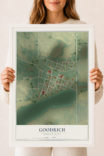 Map of Goodrich, North Dakota, 18 x 24 inch print in a white wood frame