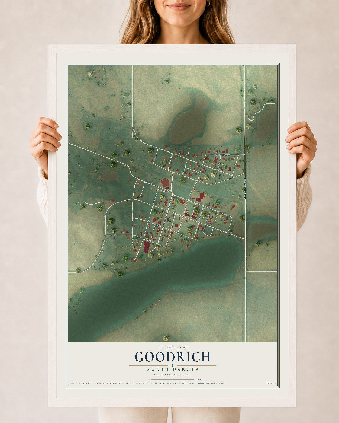 Map of Goodrich, North Dakota, 24 x 36 inch print in a white wood frame