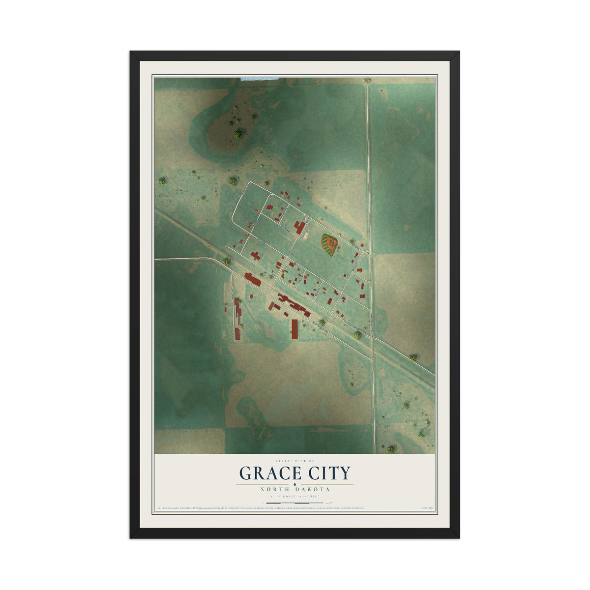 Map of Grace City, North Dakota, 12 x 18 inch print in a black wood frame