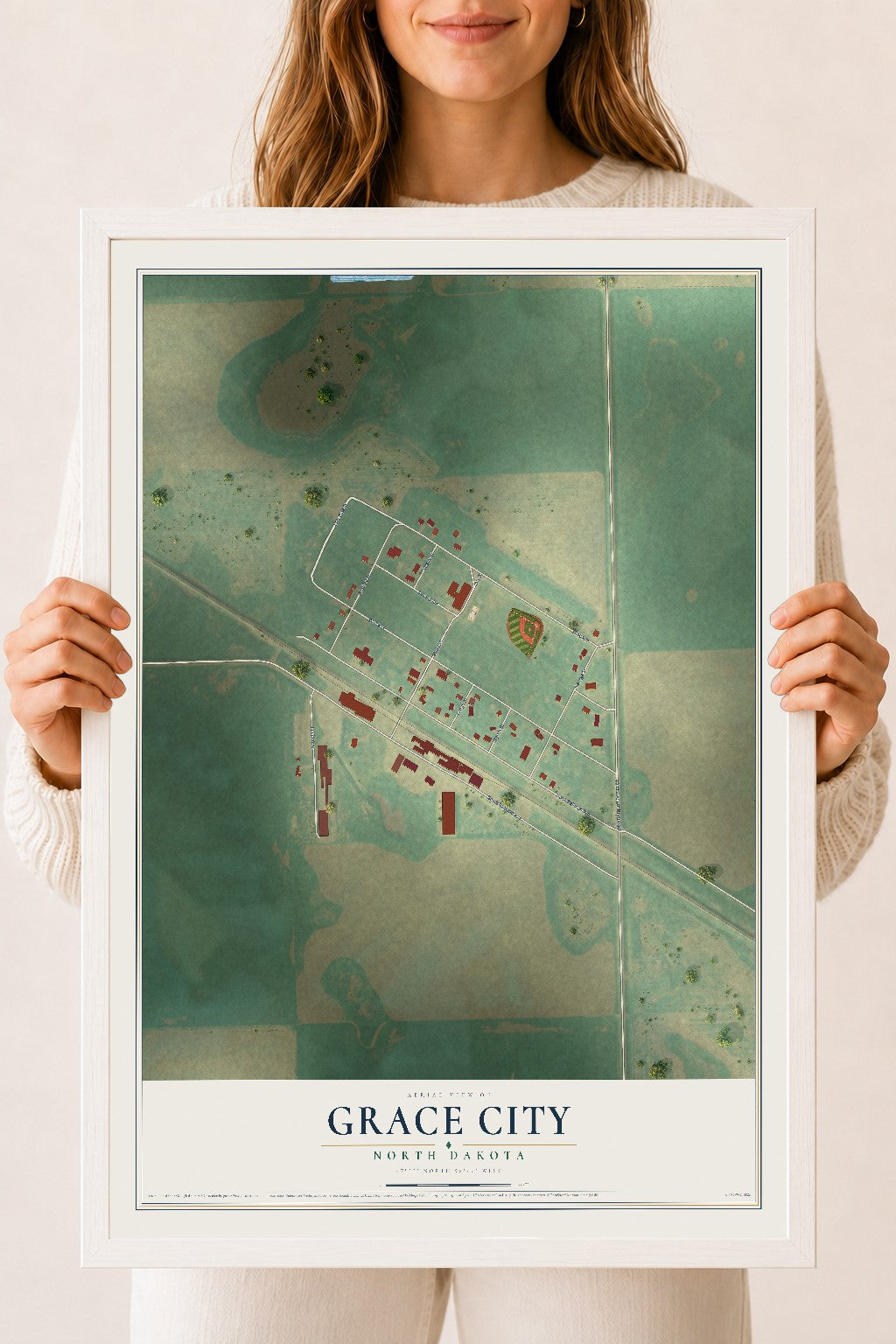 Map of Grace City, North Dakota, 18 x 24 inch print in a white wood frame