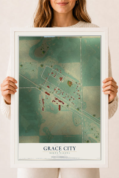 Map of Grace City, North Dakota, 18 x 24 inch print in a white wood frame