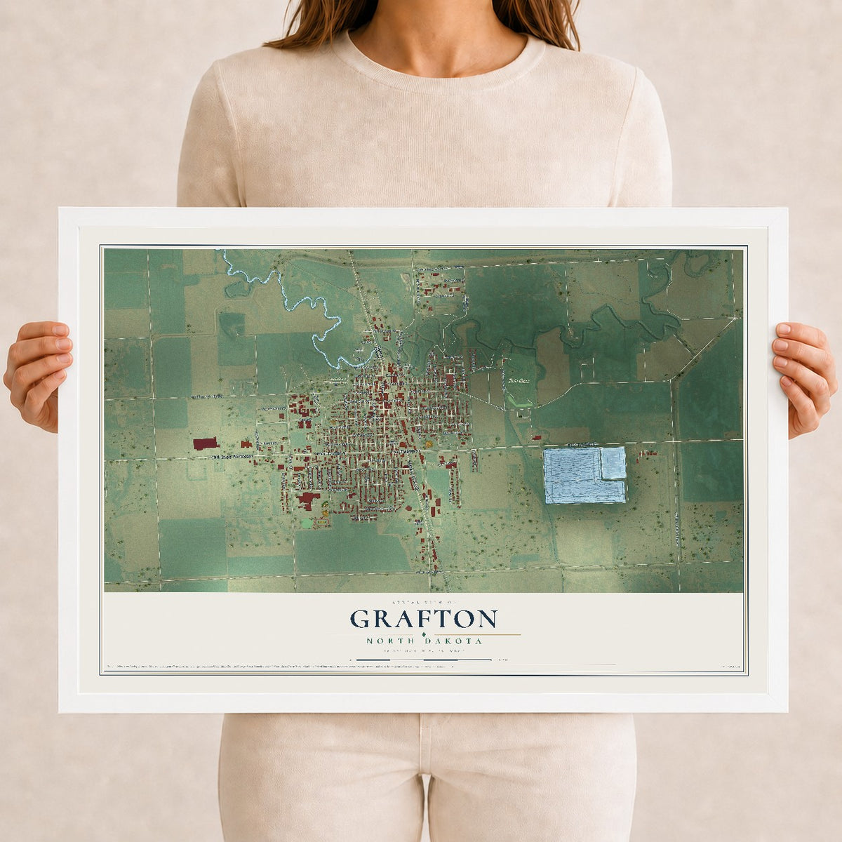 Map of Grafton, North Dakota, 12 x 18 inch print in a white wood frame