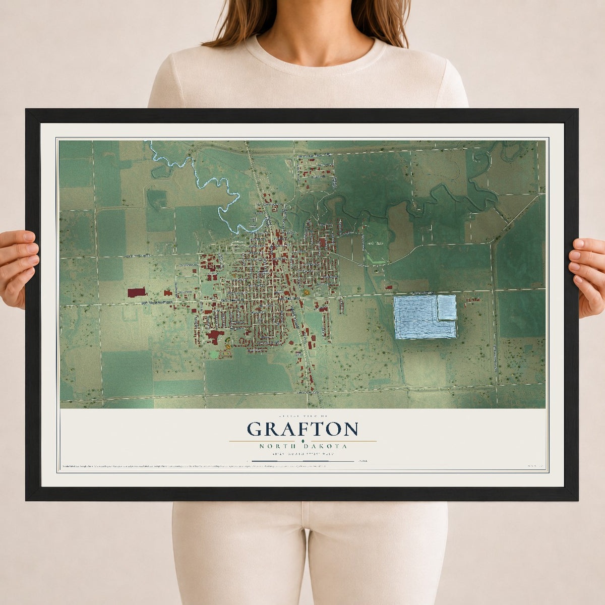 Map of Grafton, North Dakota, 18 x 24 inch print in a black wood frame