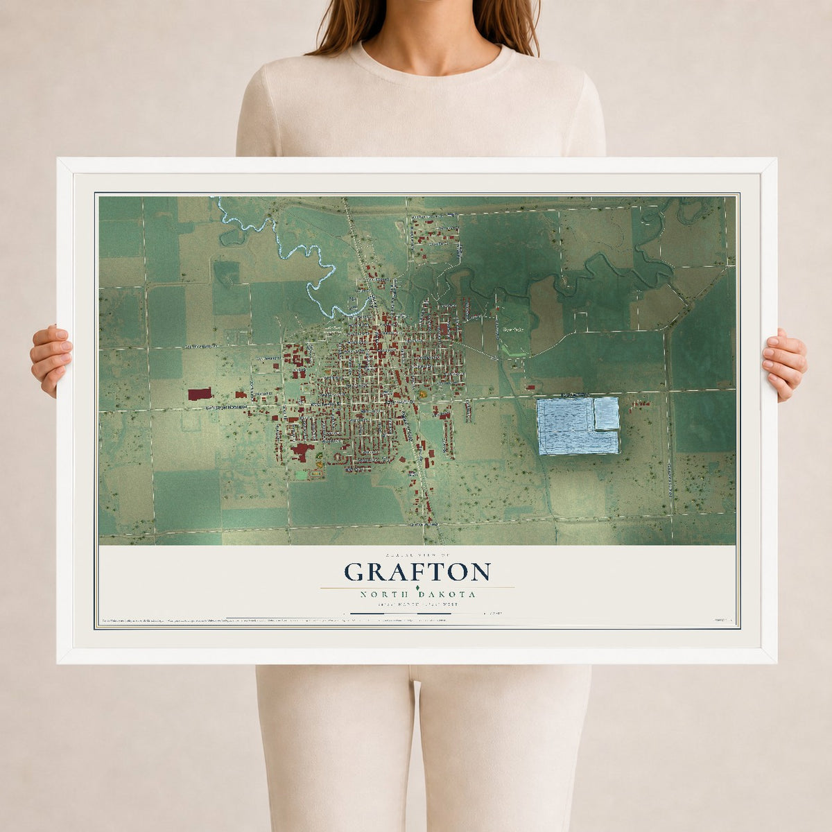 Map of Grafton, North Dakota, 24 x 36 inch print in a white wood frame