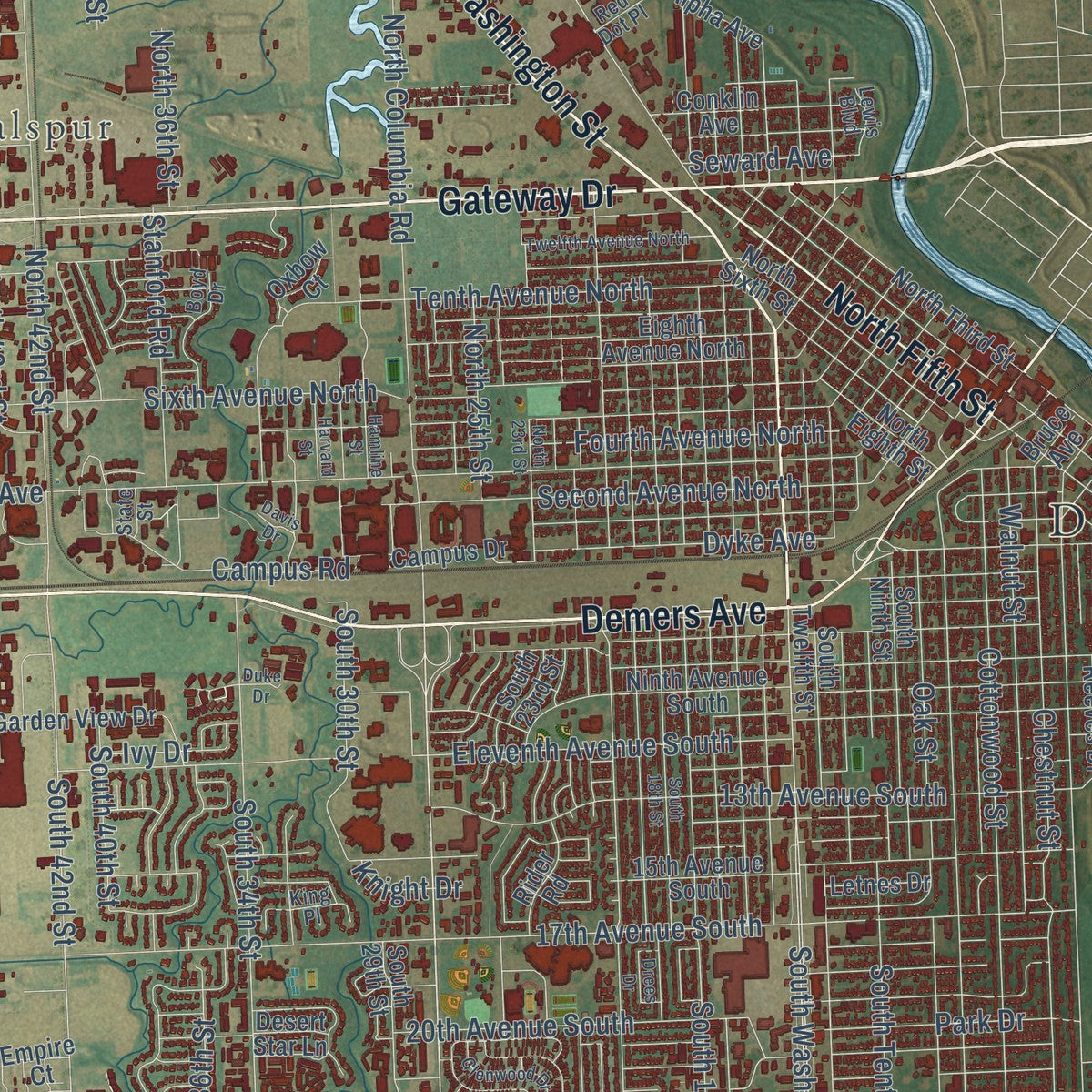 Close-up of the map of Grand Forks, North Dakota print showing street and building detail