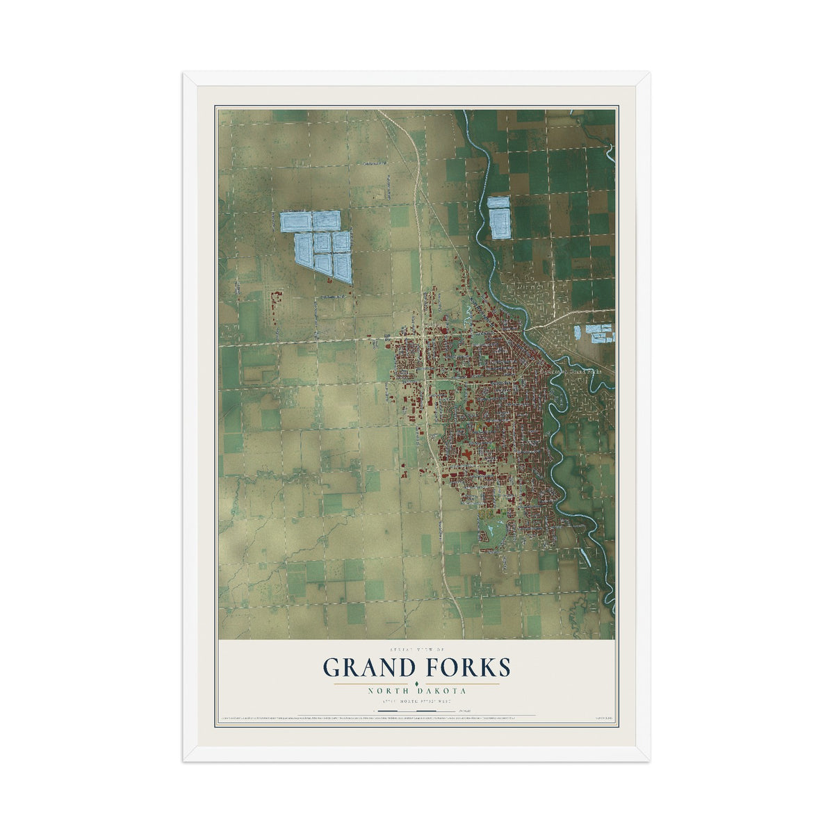 Map of Grand Forks, North Dakota, 12 x 18 inch print in a white wood frame