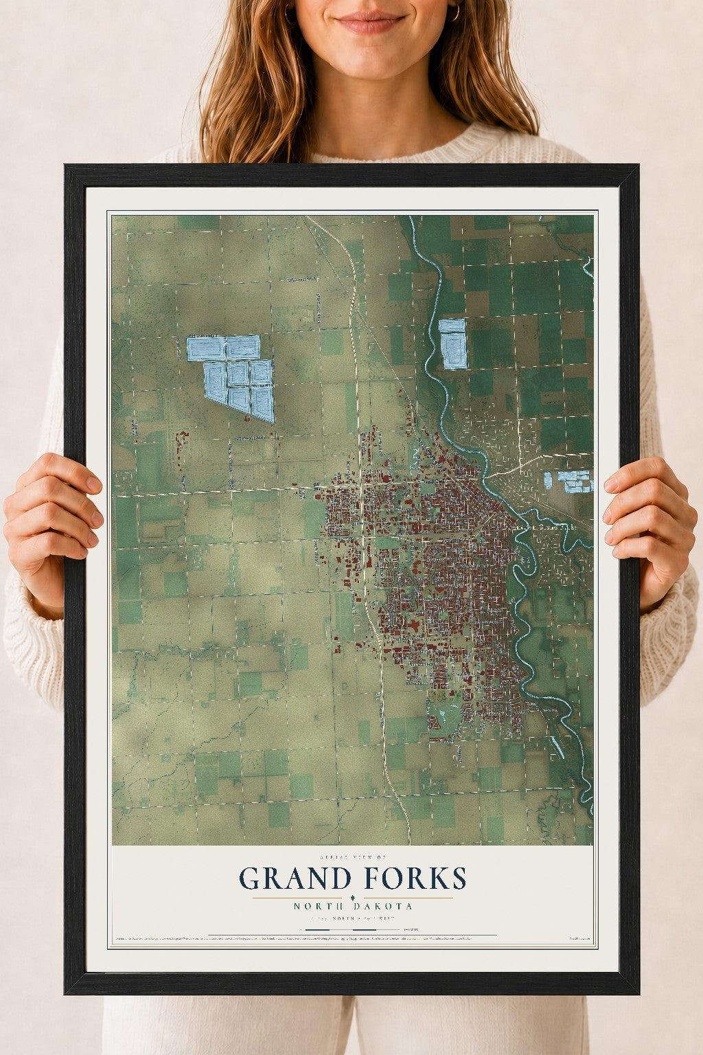 Map of Grand Forks, North Dakota, 18 x 24 inch print in a black wood frame