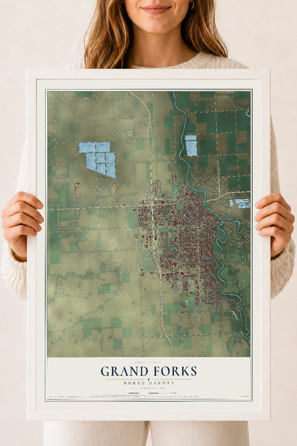 Map of Grand Forks, North Dakota, 18 x 24 inch print in a white wood frame