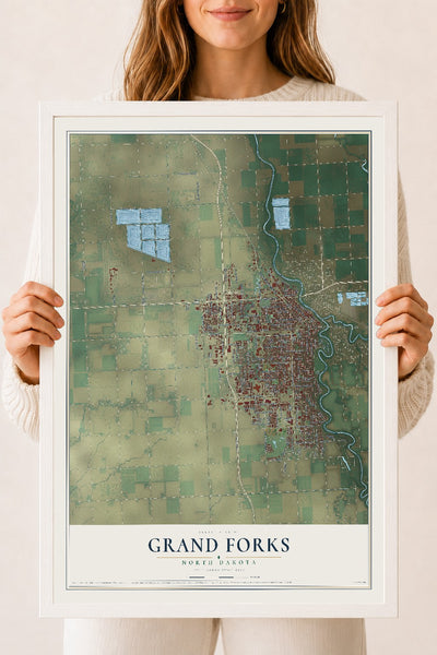 Map of Grand Forks, North Dakota, 18 x 24 inch print in a white wood frame