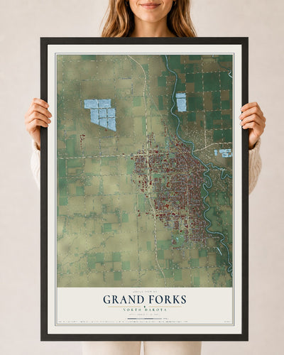 Map of Grand Forks, North Dakota, 24 x 36 inch print in a black wood frame