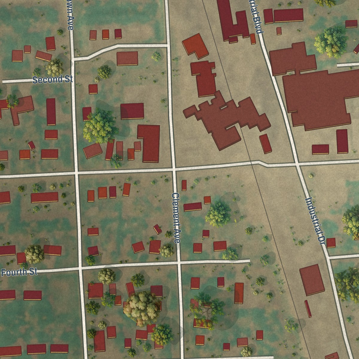Close-up of the map of Grandin, North Dakota print showing street and building detail