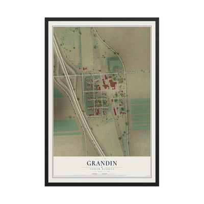 Map of Grandin, North Dakota, 12 x 18 inch print in a black wood frame