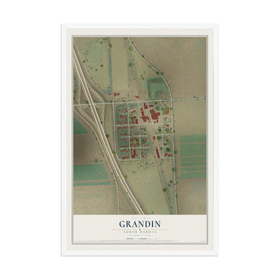 Map of Grandin, North Dakota, 12 x 18 inch print in a white wood frame