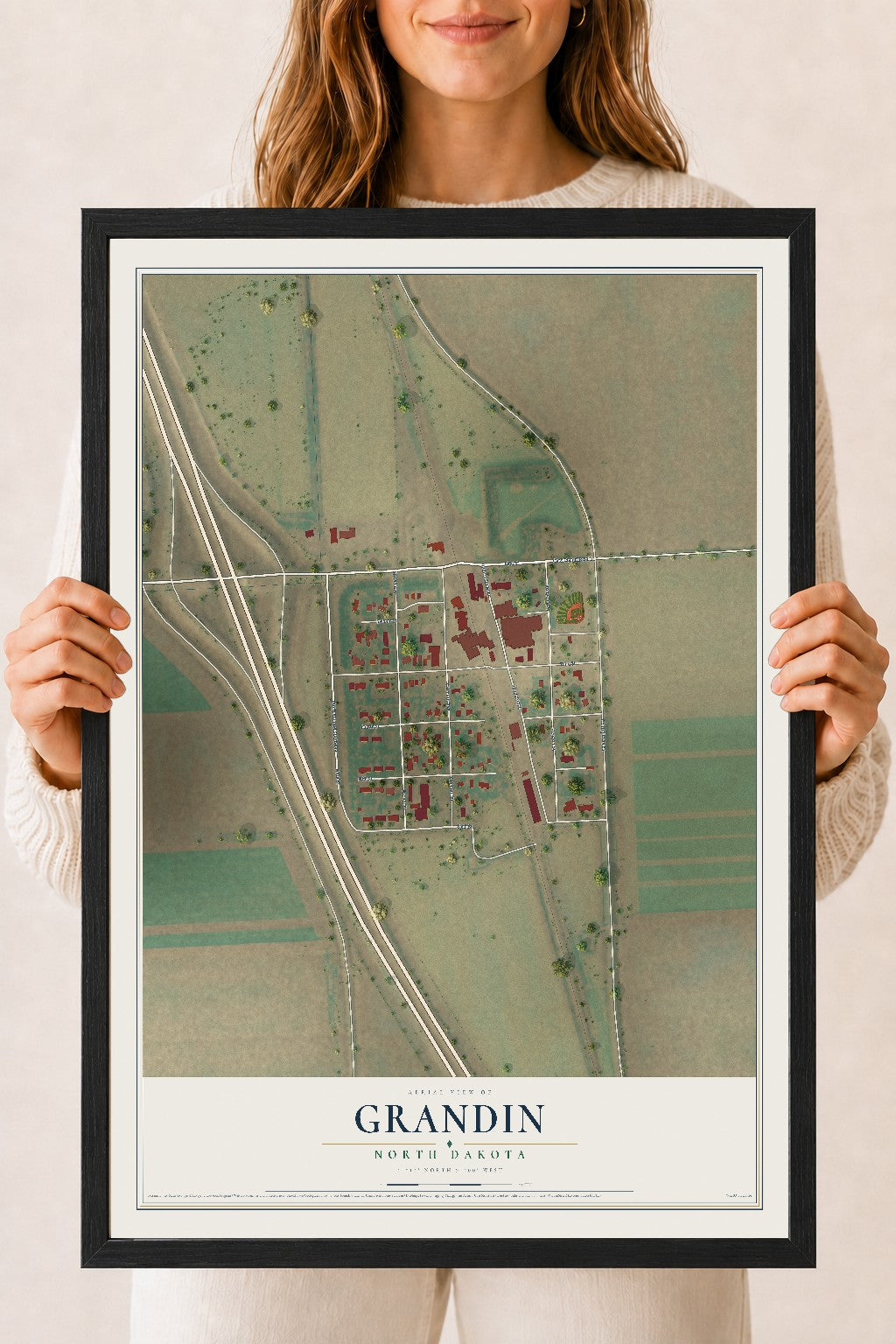 Map of Grandin, North Dakota, 18 x 24 inch print in a black wood frame
