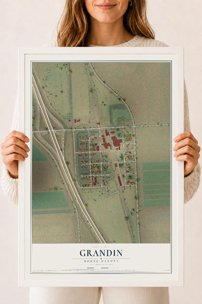 Map of Grandin, North Dakota, 18 x 24 inch print in a white wood frame