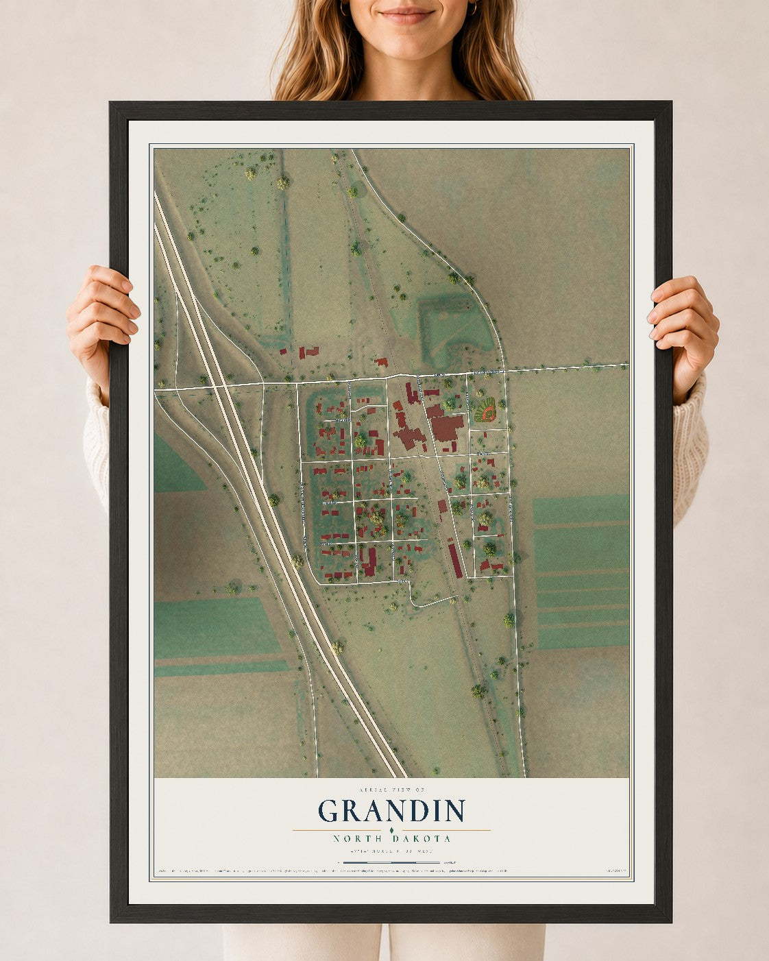 Map of Grandin, North Dakota, 24 x 36 inch print in a black wood frame