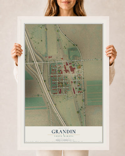 Map of Grandin, North Dakota, 24 x 36 inch print in a white wood frame