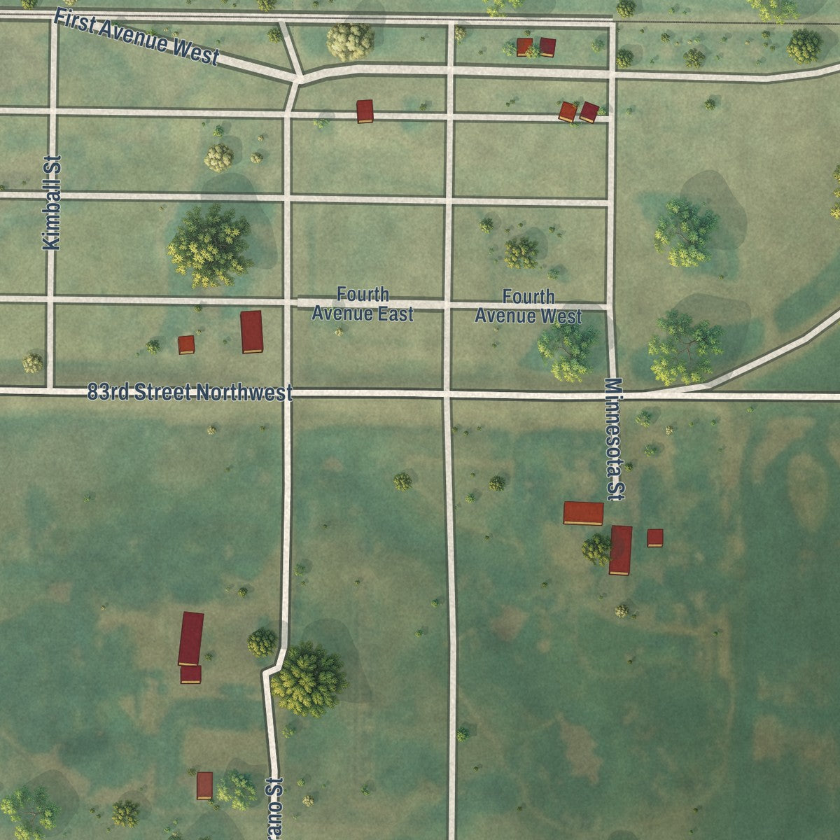 Close-up of the map of Grano, North Dakota print showing street and building detail