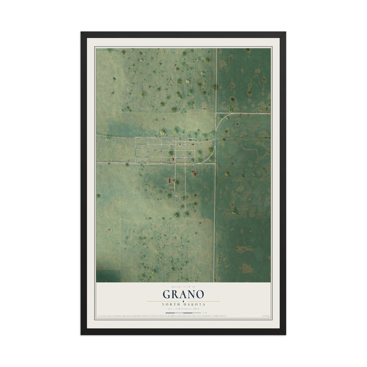 Map of Grano, North Dakota, 12 x 18 inch print in a black wood frame