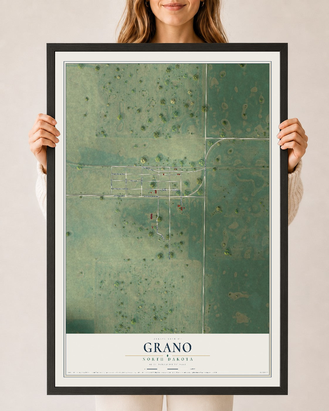 Map of Grano, North Dakota, 24 x 36 inch print in a black wood frame