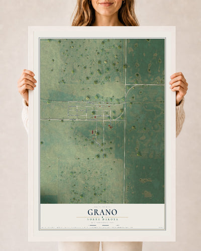 Map of Grano, North Dakota, 24 x 36 inch print in a white wood frame