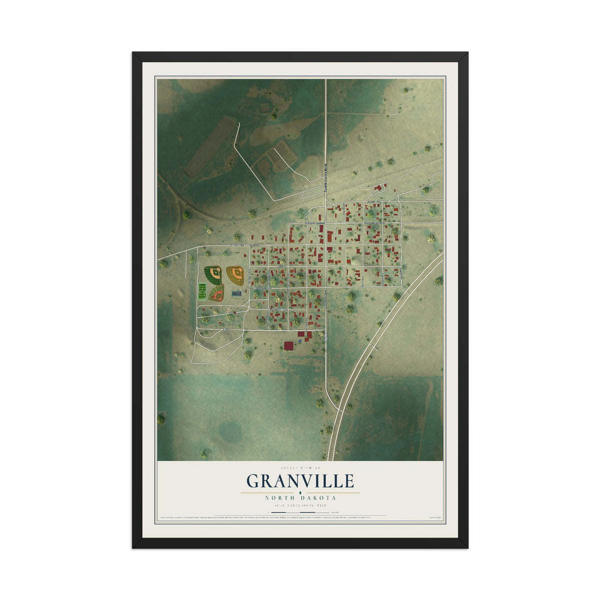 Map of Granville, North Dakota, 12 x 18 inch print in a black wood frame