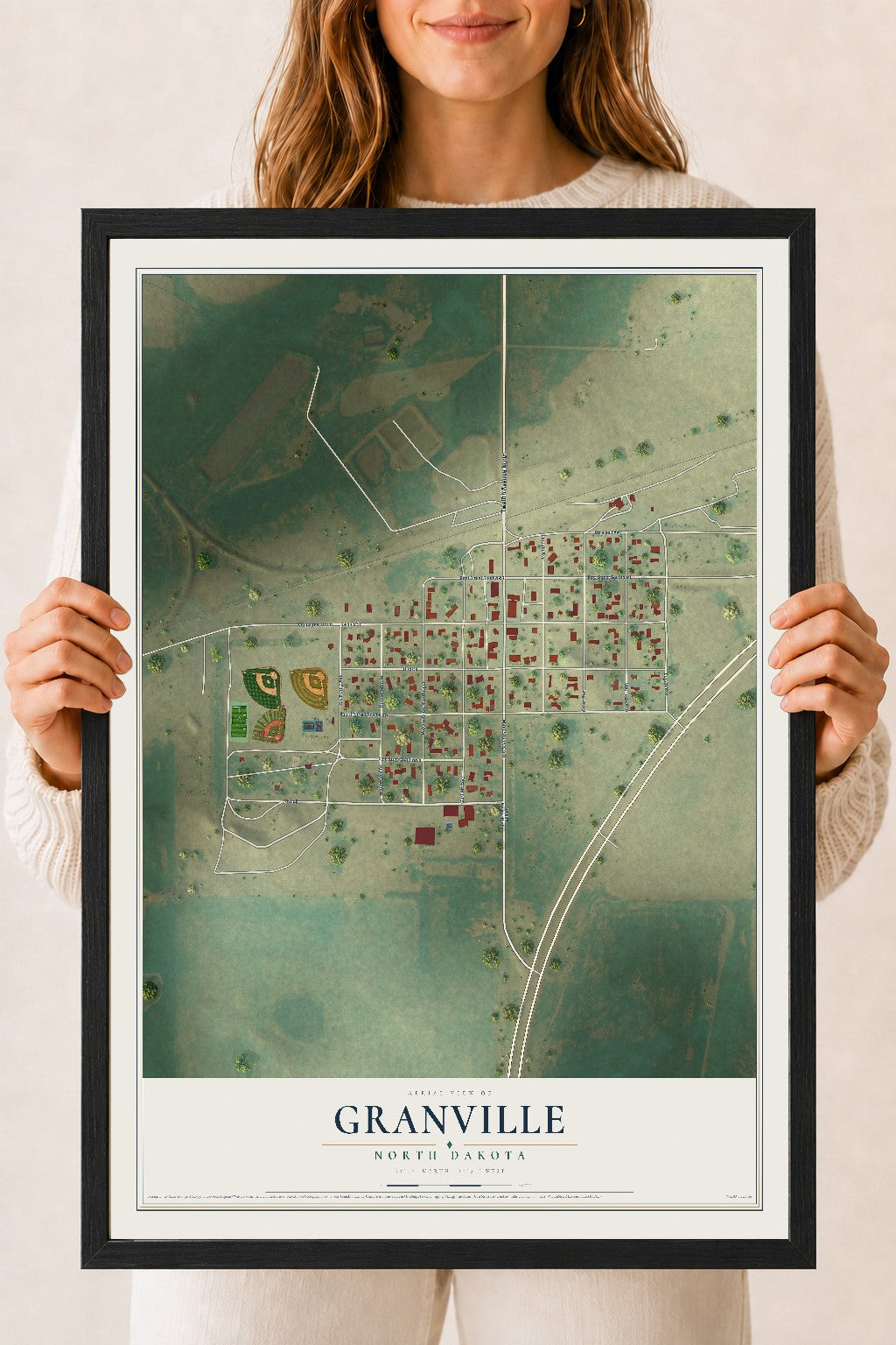 Map of Granville, North Dakota, 18 x 24 inch print in a black wood frame
