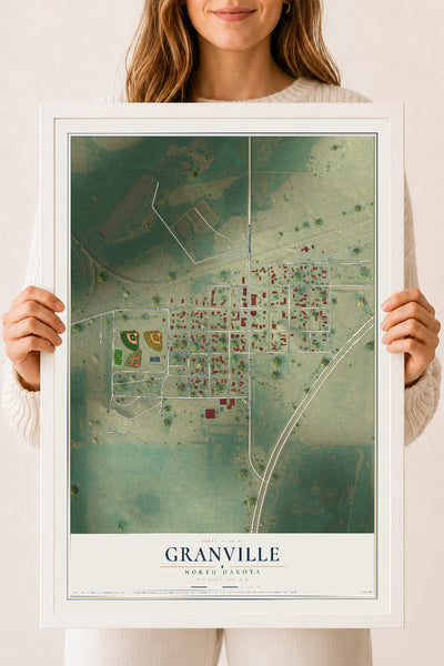 Map of Granville, North Dakota, 18 x 24 inch print in a white wood frame