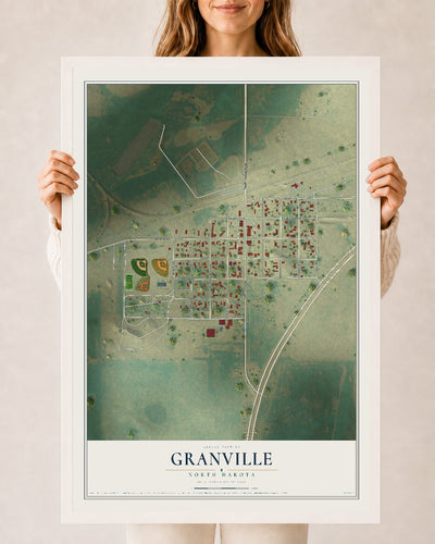Map of Granville, North Dakota, 24 x 36 inch print in a white wood frame