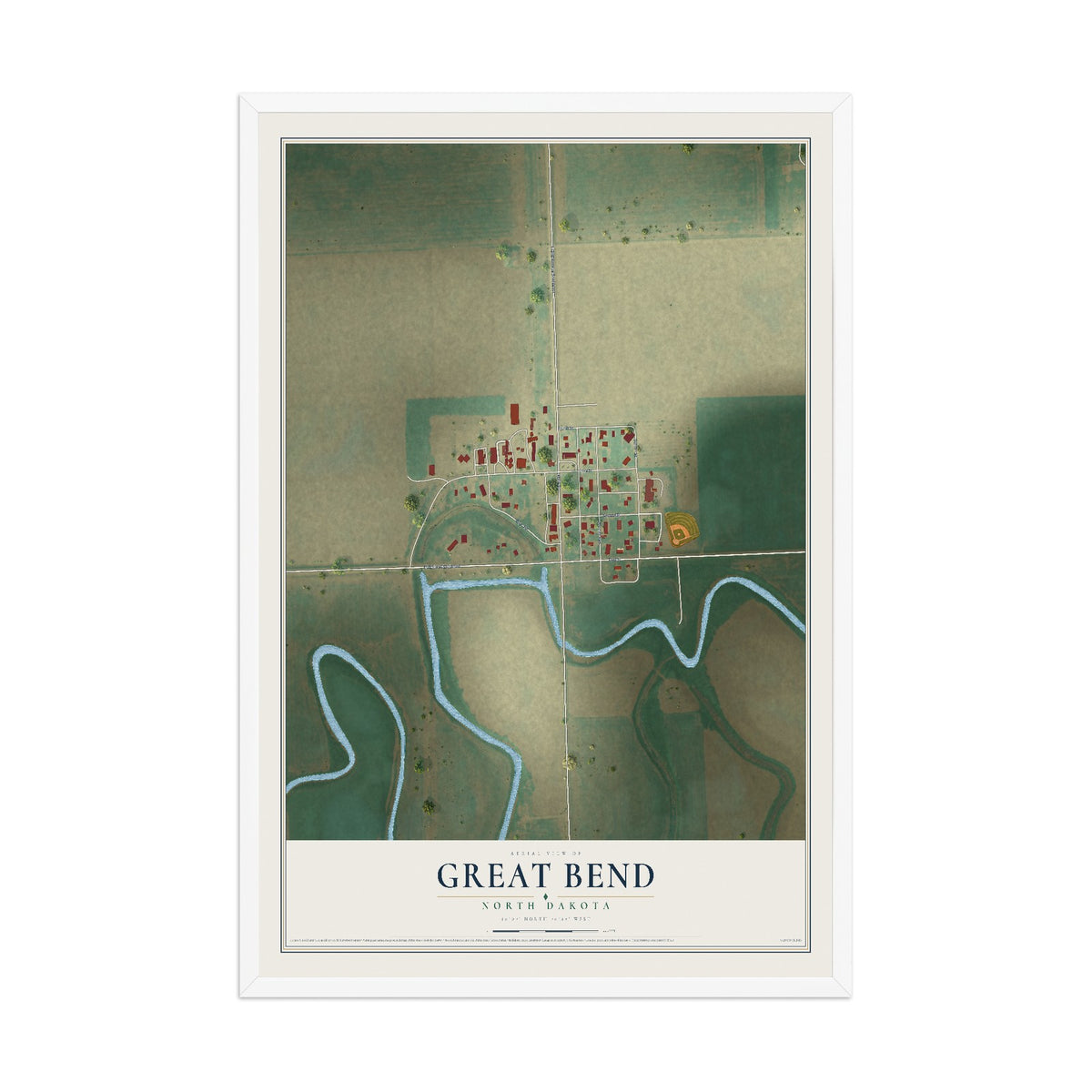 Map of Great Bend, North Dakota, 12 x 18 inch print in a white wood frame