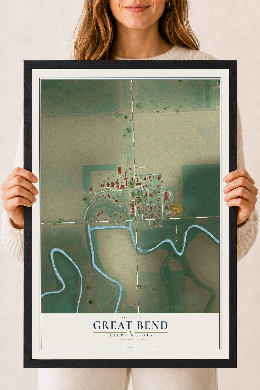 Map of Great Bend, North Dakota, 18 x 24 inch print in a black wood frame