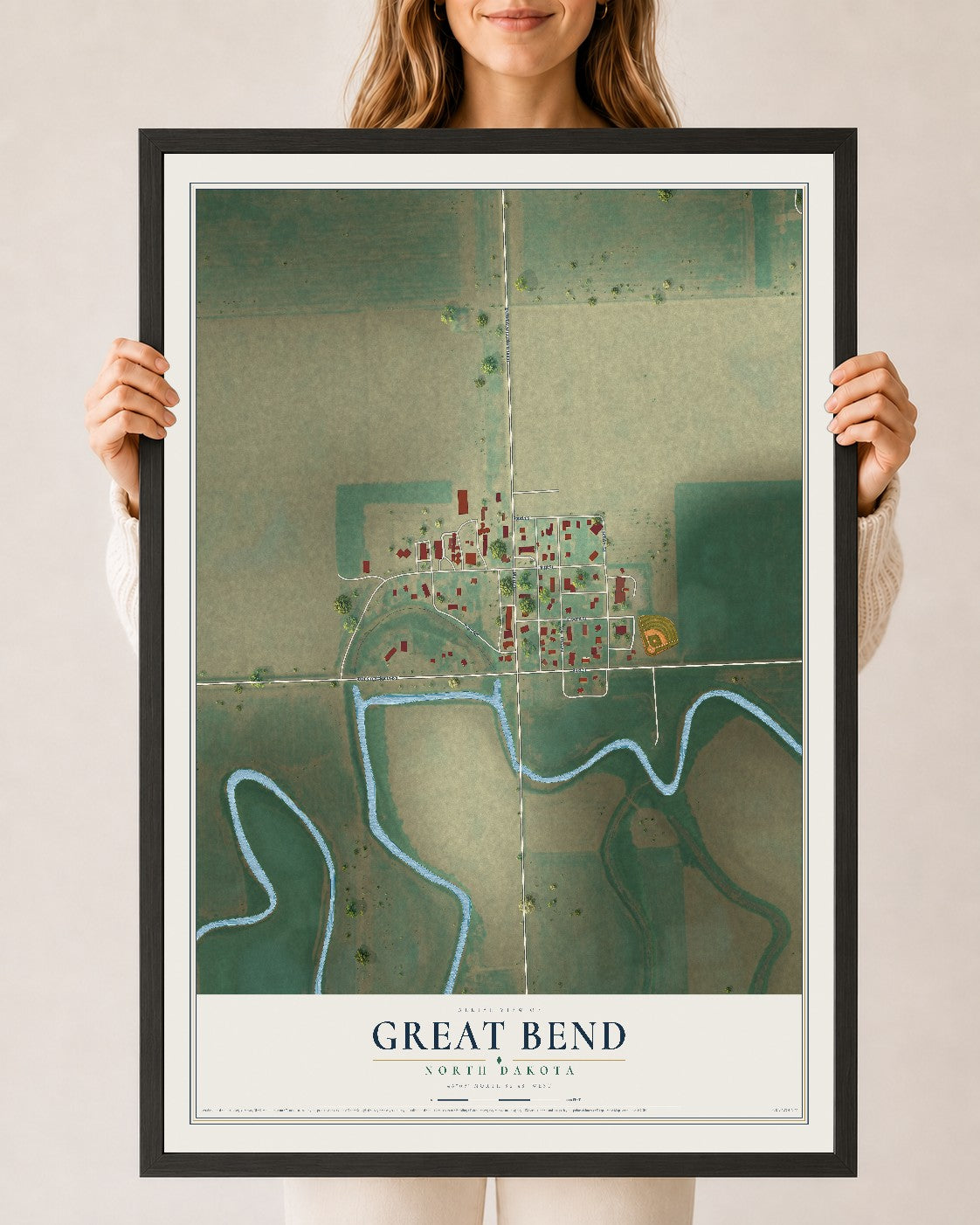 Map of Great Bend, North Dakota, 24 x 36 inch print in a black wood frame