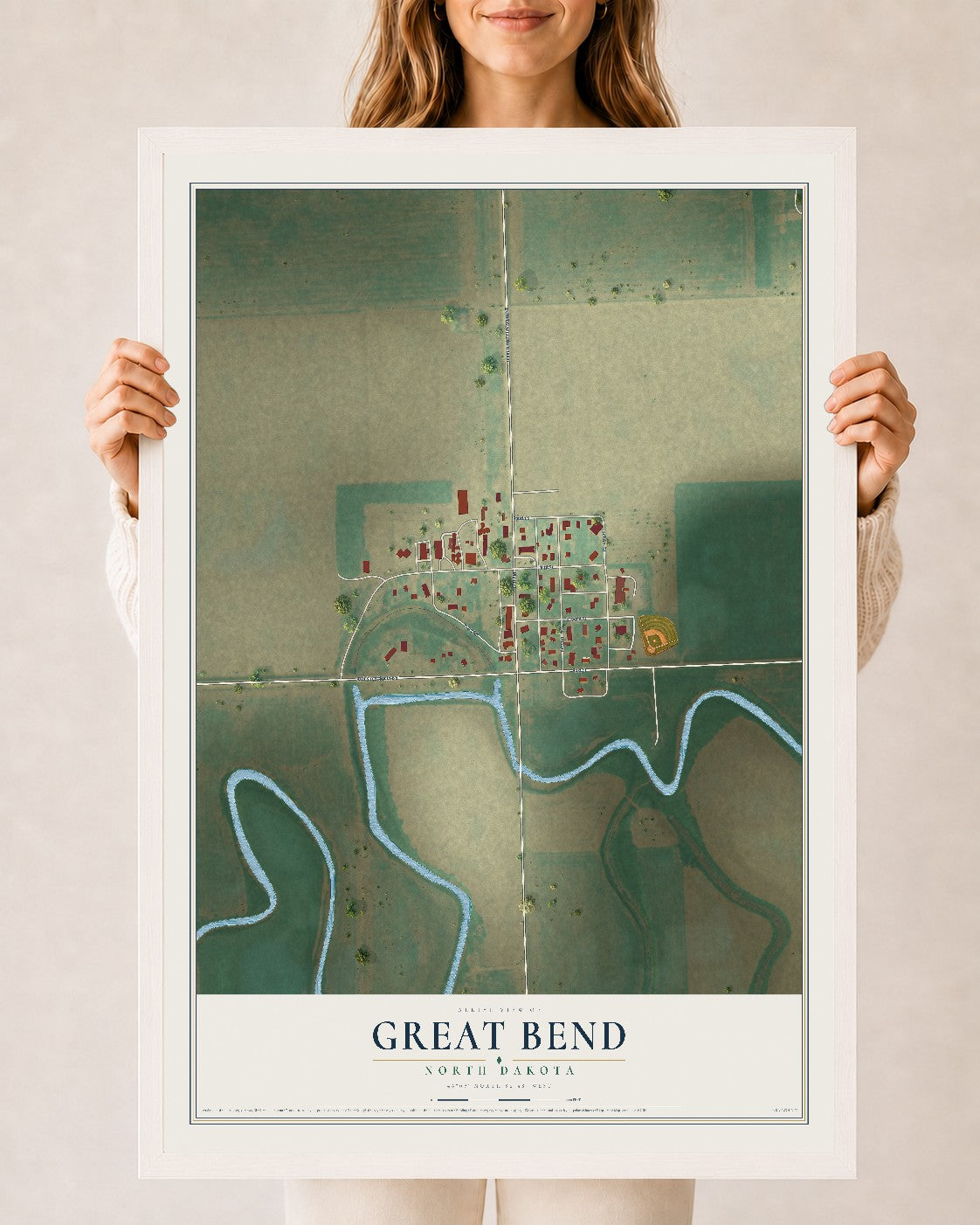 Map of Great Bend, North Dakota, 24 x 36 inch print in a white wood frame