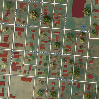 Close-up of the map of Grenora, North Dakota print showing street and building detail