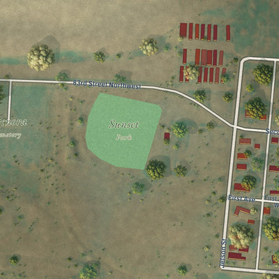 Second close-up of the map of Grenora, North Dakota print showing more streets and buildings