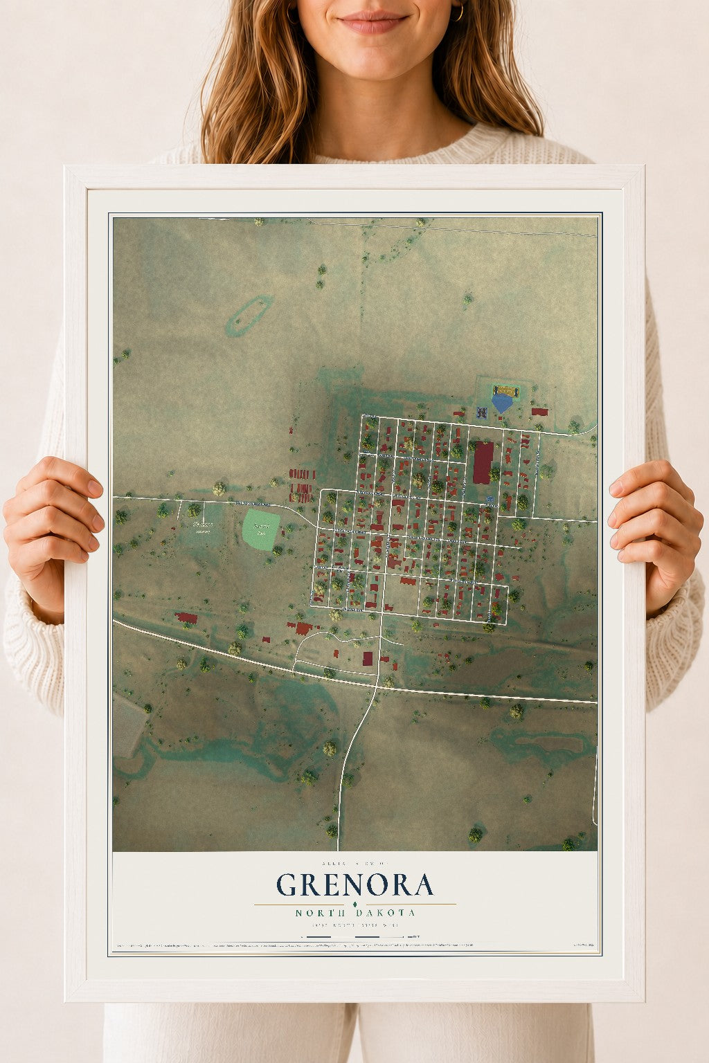 Map of Grenora, North Dakota, 18 x 24 inch print in a white wood frame