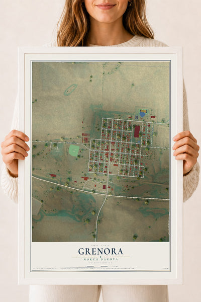 Map of Grenora, North Dakota, 18 x 24 inch print in a white wood frame