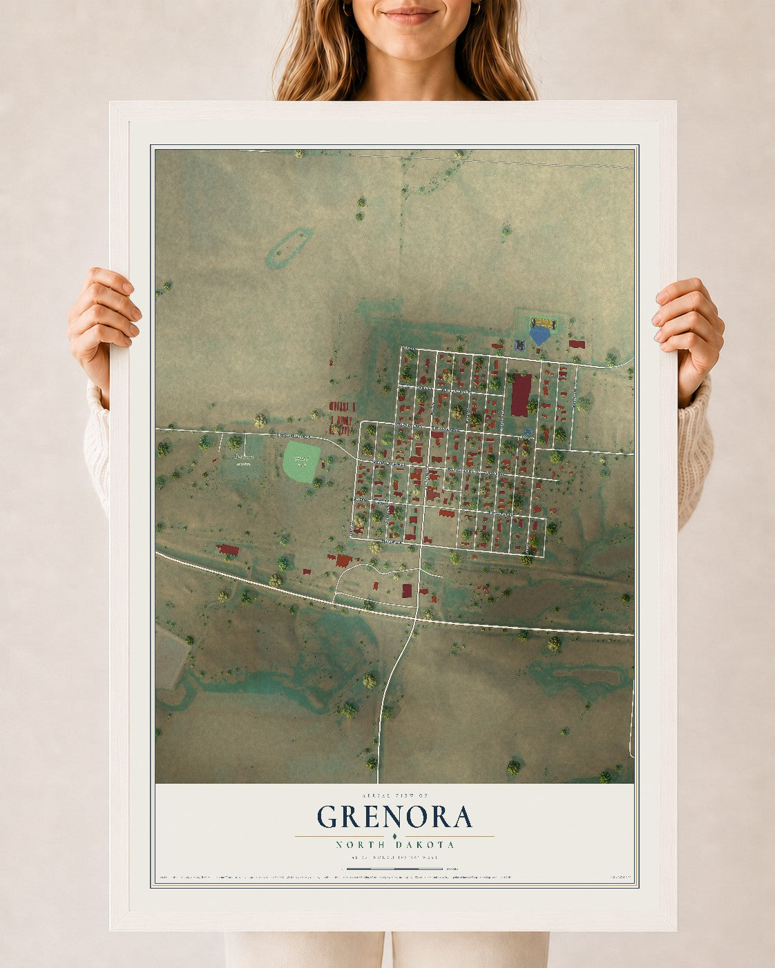 Map of Grenora, North Dakota, 24 x 36 inch print in a white wood frame