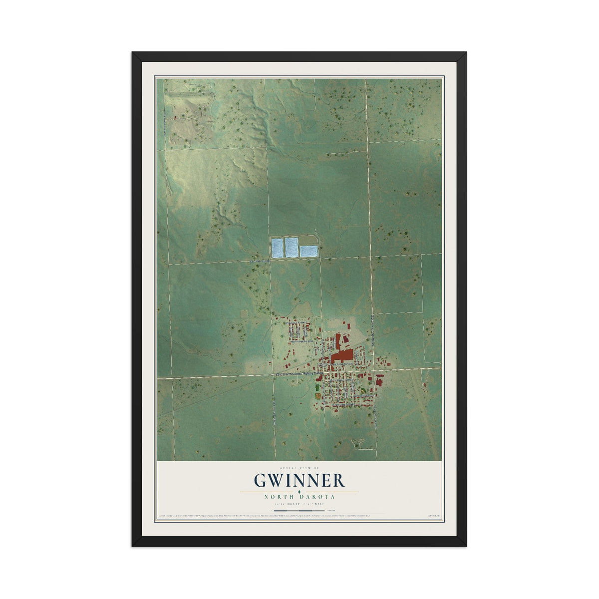 Map of Gwinner, North Dakota, 12 x 18 inch print in a black wood frame
